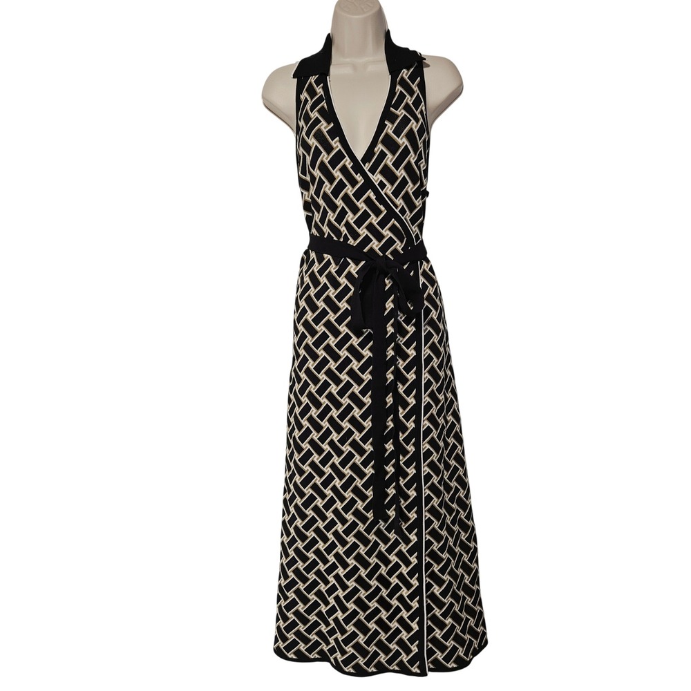 Diane Von Furstenberg Target Knit Wrap Dress XL Geometric Black Tan Office Siren